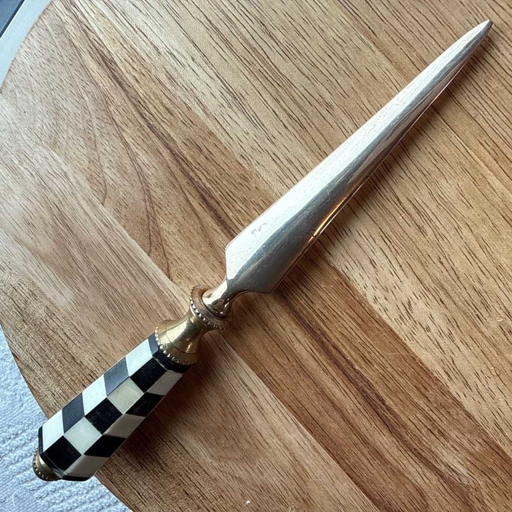 Vtg Black White Checkered Solid Brass Letter Opener 9.5" Fine Craftsmanship